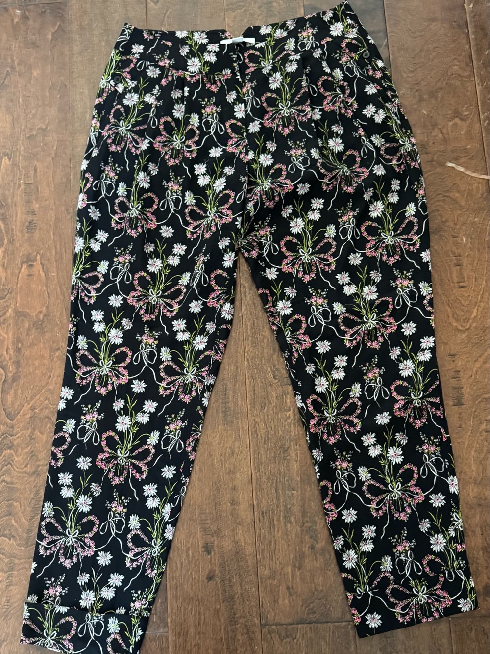 Zac Posen Black Floral Bow-Print Pull-On Pants